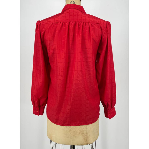 Vintage LeFolio Red Pleated Secretary Cottage Blouse Shirt Long Sleeve Retro 10 - Picture 2 of 8